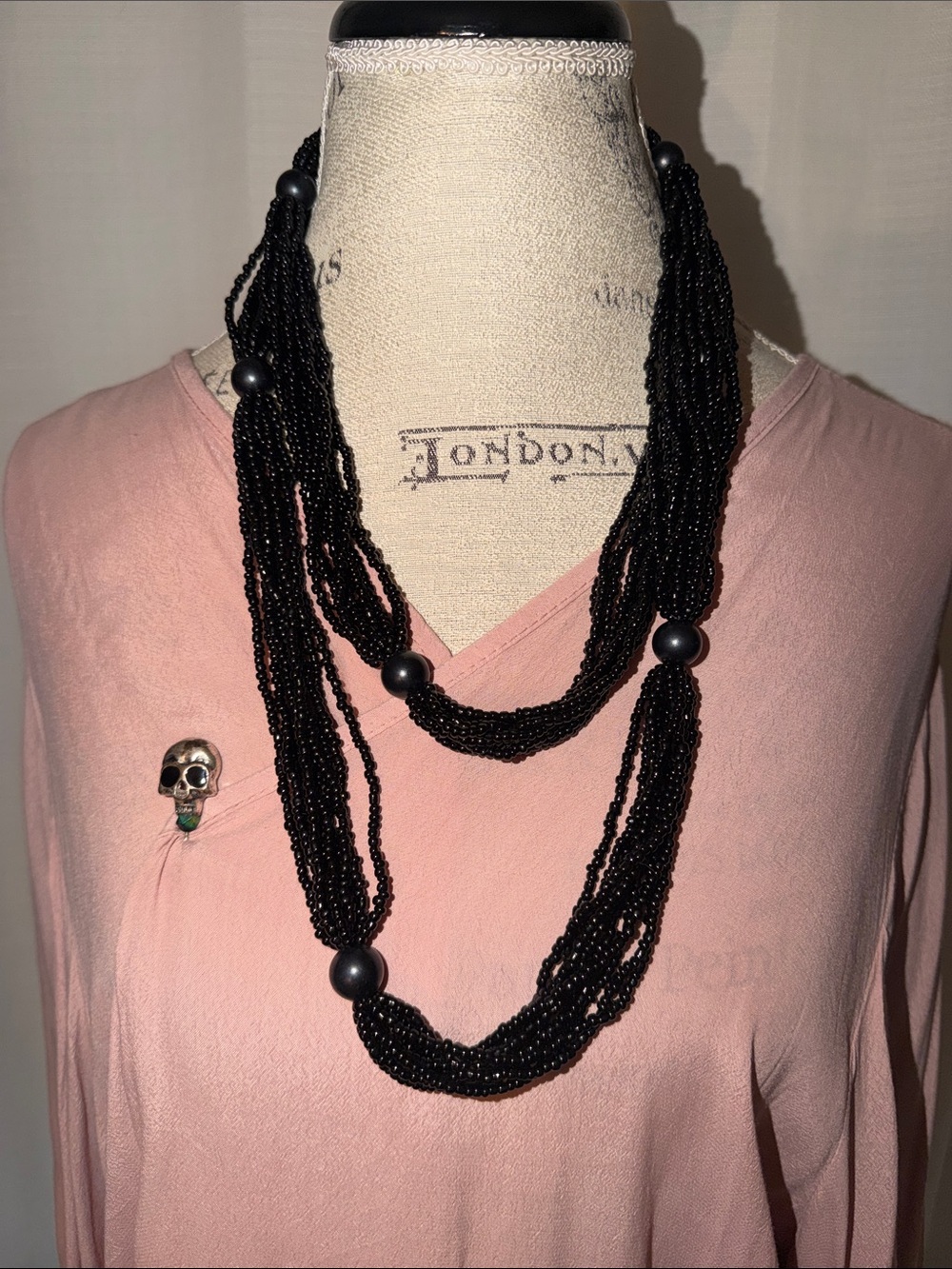 Multi-Strand Black Seed Beaded Long Necklace 27" drop